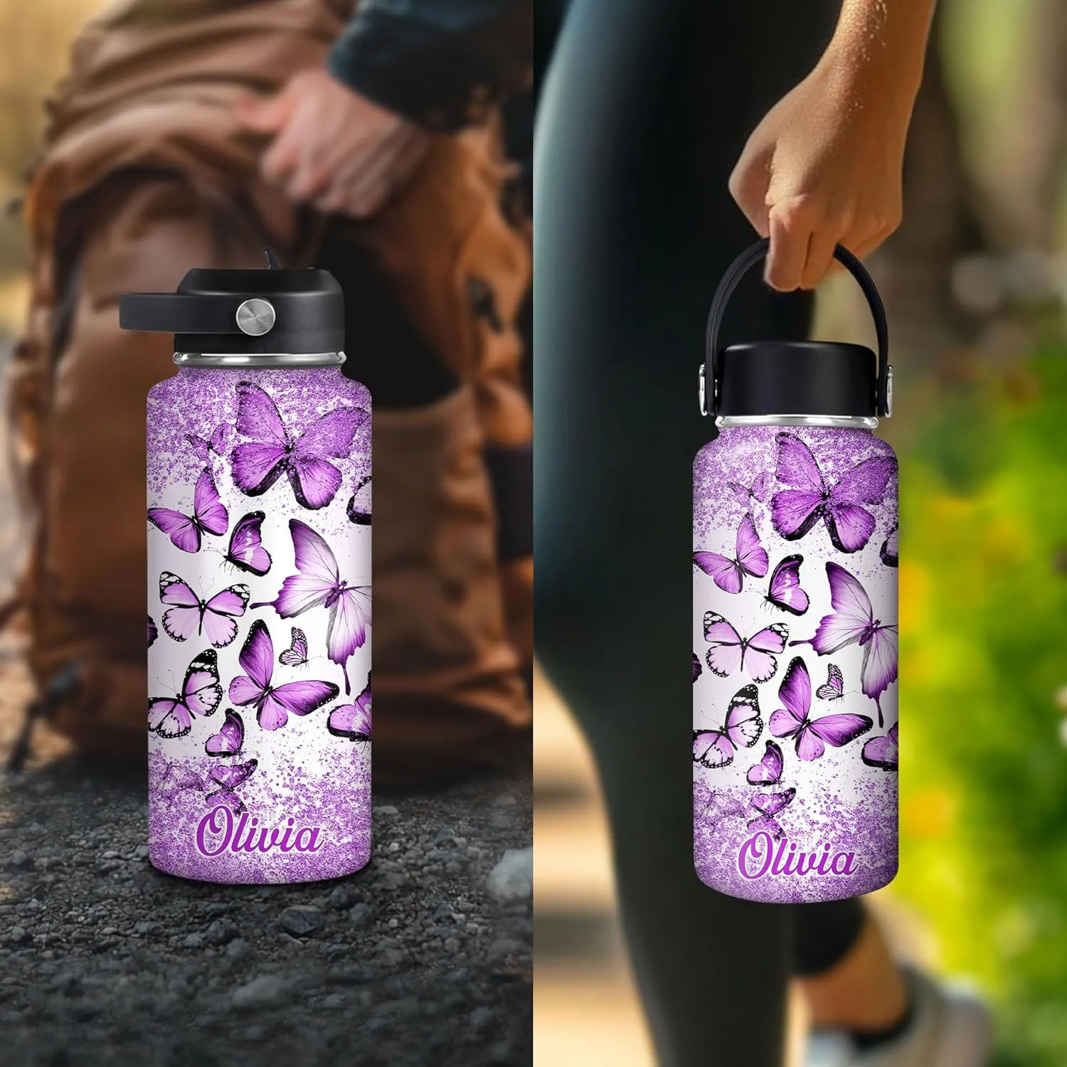 Hyturtle Personalized Butterfly Water Bottle - Custom Name Insulated Stainless Steel Bottle with Leak-Proof Lid 18oz 32oz - Animal Gift for Women Girls Butterfly Lovers - Birthday & Christmas Gift