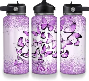 Hyturtle Personalized Butterfly Water Bottle - Custom Name Insulated Stainless Steel Bottle with Leak-Proof Lid 18oz 32oz - Animal Gift for Women Girls Butterfly Lovers - Birthday & Christmas Gift
