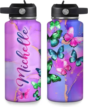 Hyturtle Personalized Butterfly Water Bottle - Custom Name Insulated Stainless Steel Bottle with Leak-Proof Lid 18oz 32oz - Animal Gift for Women Girls Butterfly Lovers - Birthday & Christmas Gift