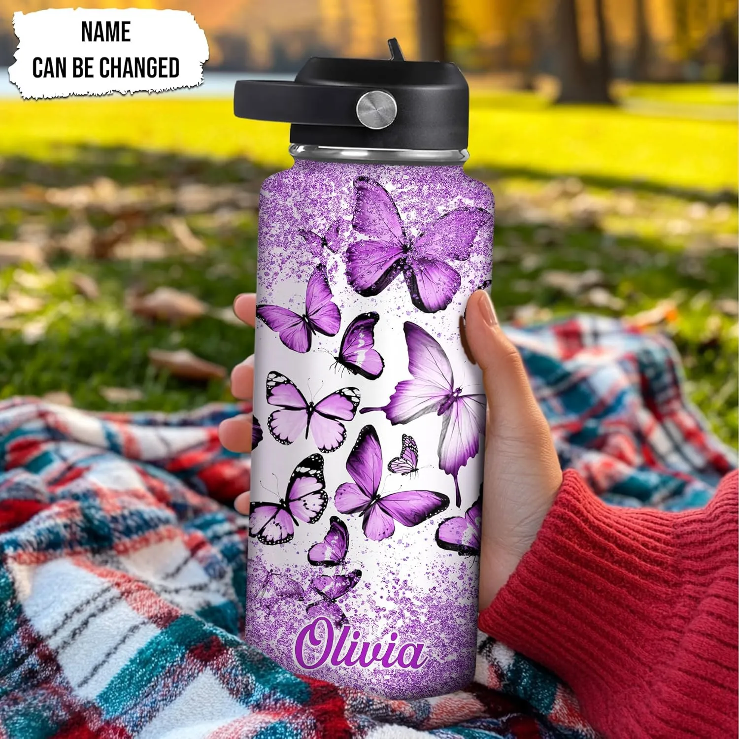 Hyturtle Personalized Butterfly Water Bottle - Custom Name Insulated Stainless Steel Bottle with Leak-Proof Lid 18oz 32oz - Animal Gift for Women Girls Butterfly Lovers - Birthday & Christmas Gift