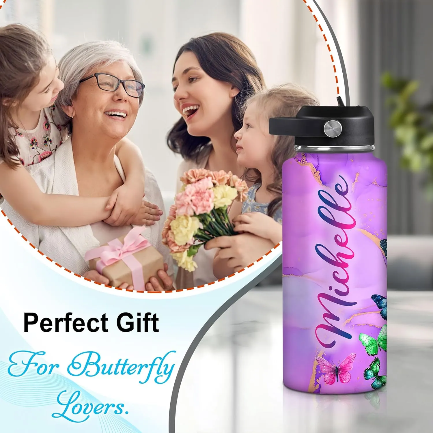 Hyturtle Personalized Butterfly Water Bottle - Custom Name Insulated Stainless Steel Bottle with Leak-Proof Lid 18oz 32oz - Animal Gift for Women Girls Butterfly Lovers - Birthday & Christmas Gift