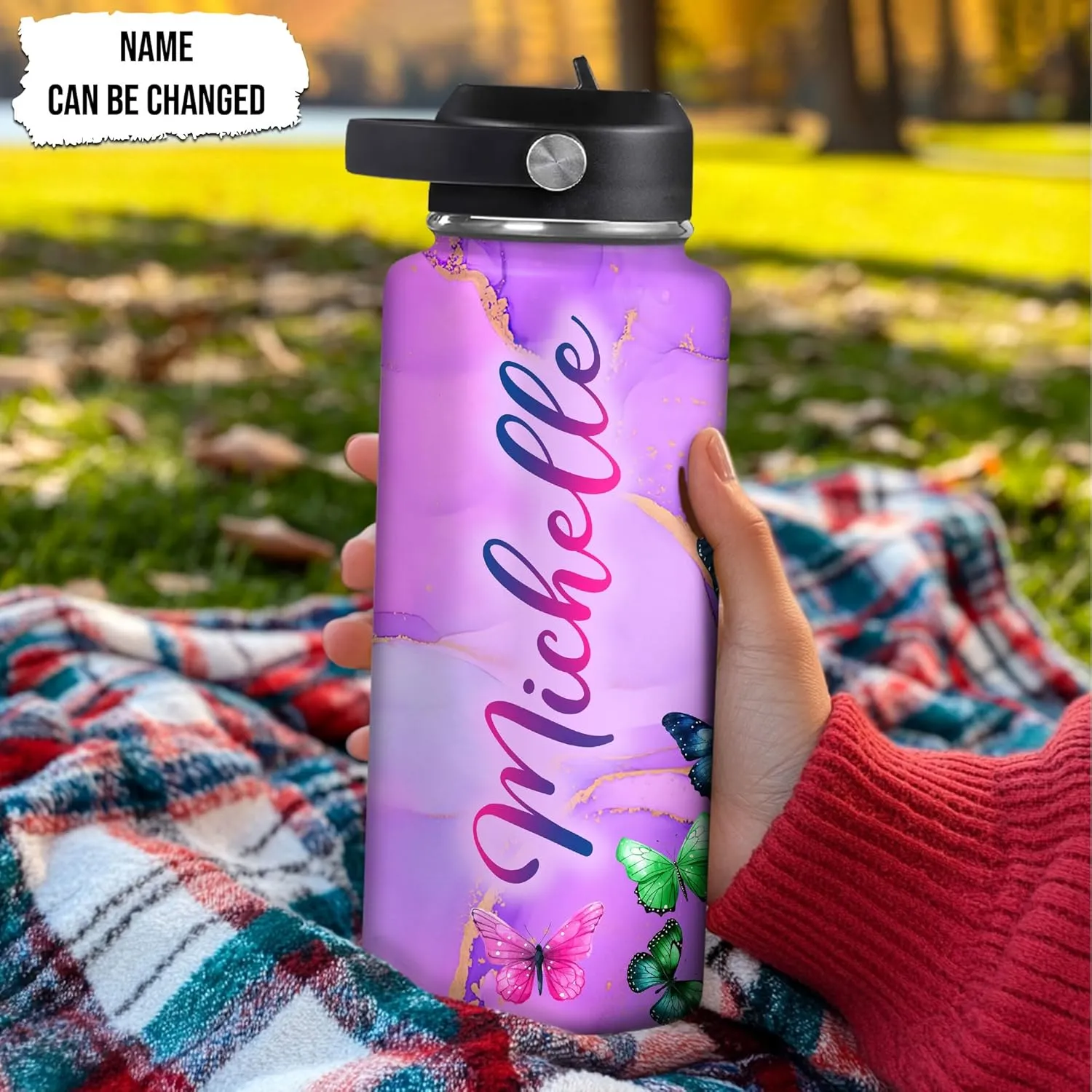 Hyturtle Personalized Butterfly Water Bottle - Custom Name Insulated Stainless Steel Bottle with Leak-Proof Lid 18oz 32oz - Animal Gift for Women Girls Butterfly Lovers - Birthday & Christmas Gift