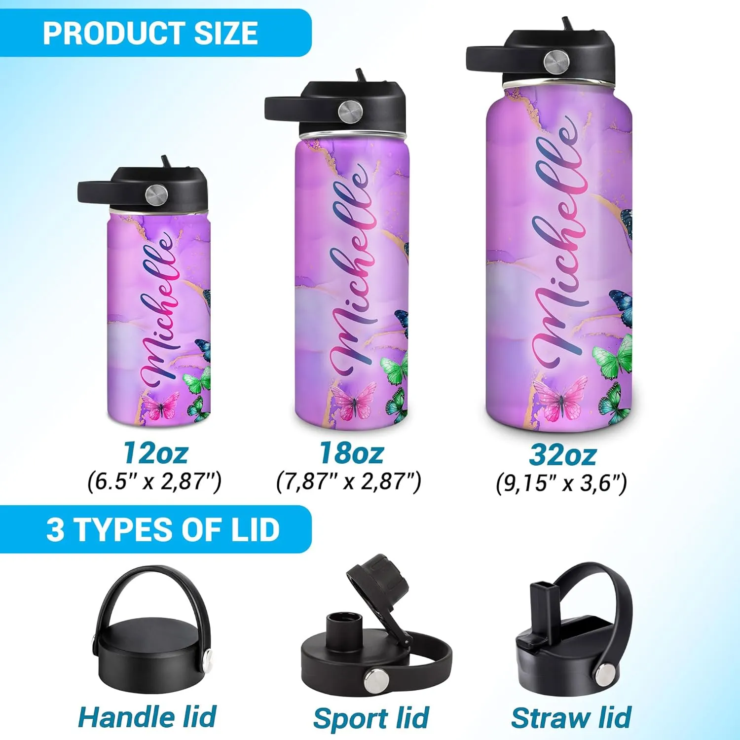 Hyturtle Personalized Butterfly Water Bottle - Custom Name Insulated Stainless Steel Bottle with Leak-Proof Lid 18oz 32oz - Animal Gift for Women Girls Butterfly Lovers - Birthday & Christmas Gift