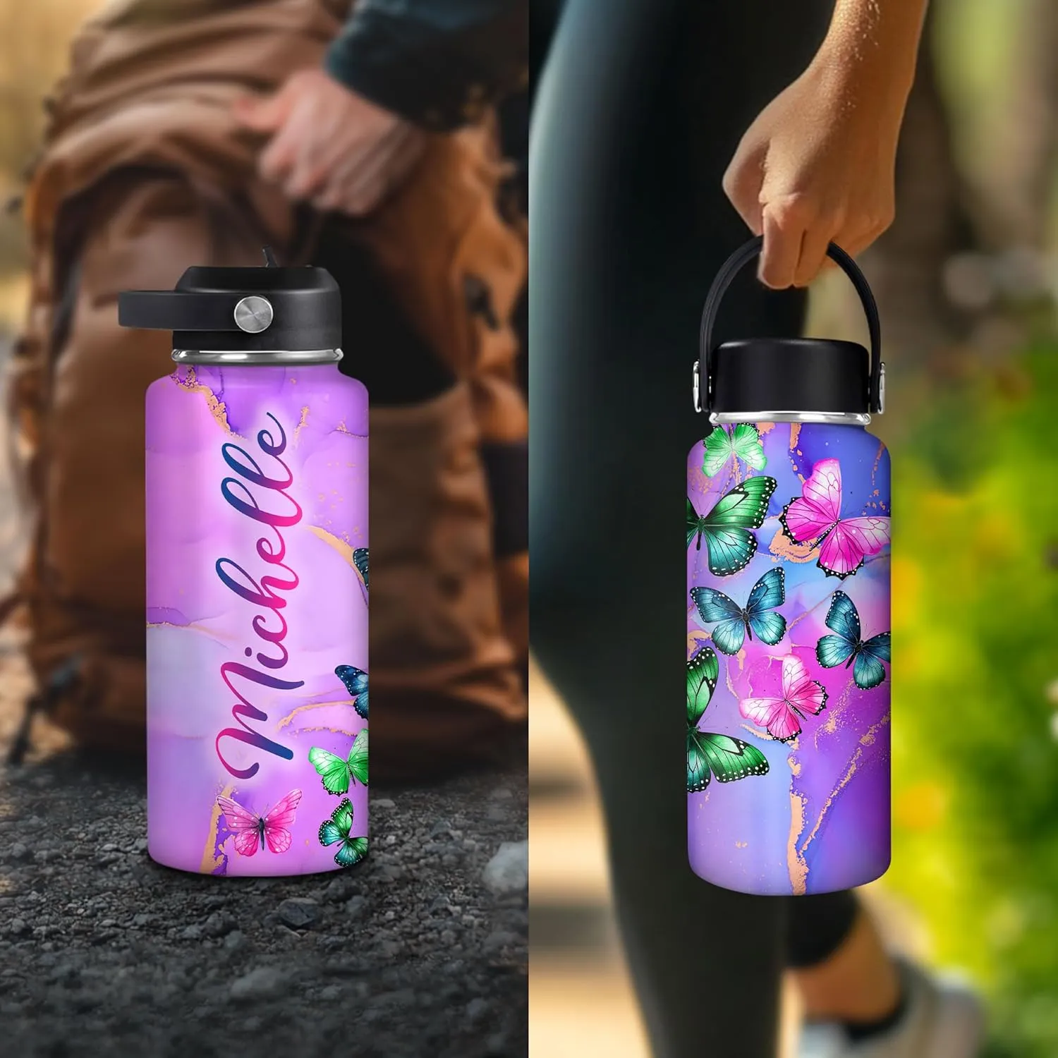 Hyturtle Personalized Butterfly Water Bottle - Custom Name Insulated Stainless Steel Bottle with Leak-Proof Lid 18oz 32oz - Animal Gift for Women Girls Butterfly Lovers - Birthday & Christmas Gift