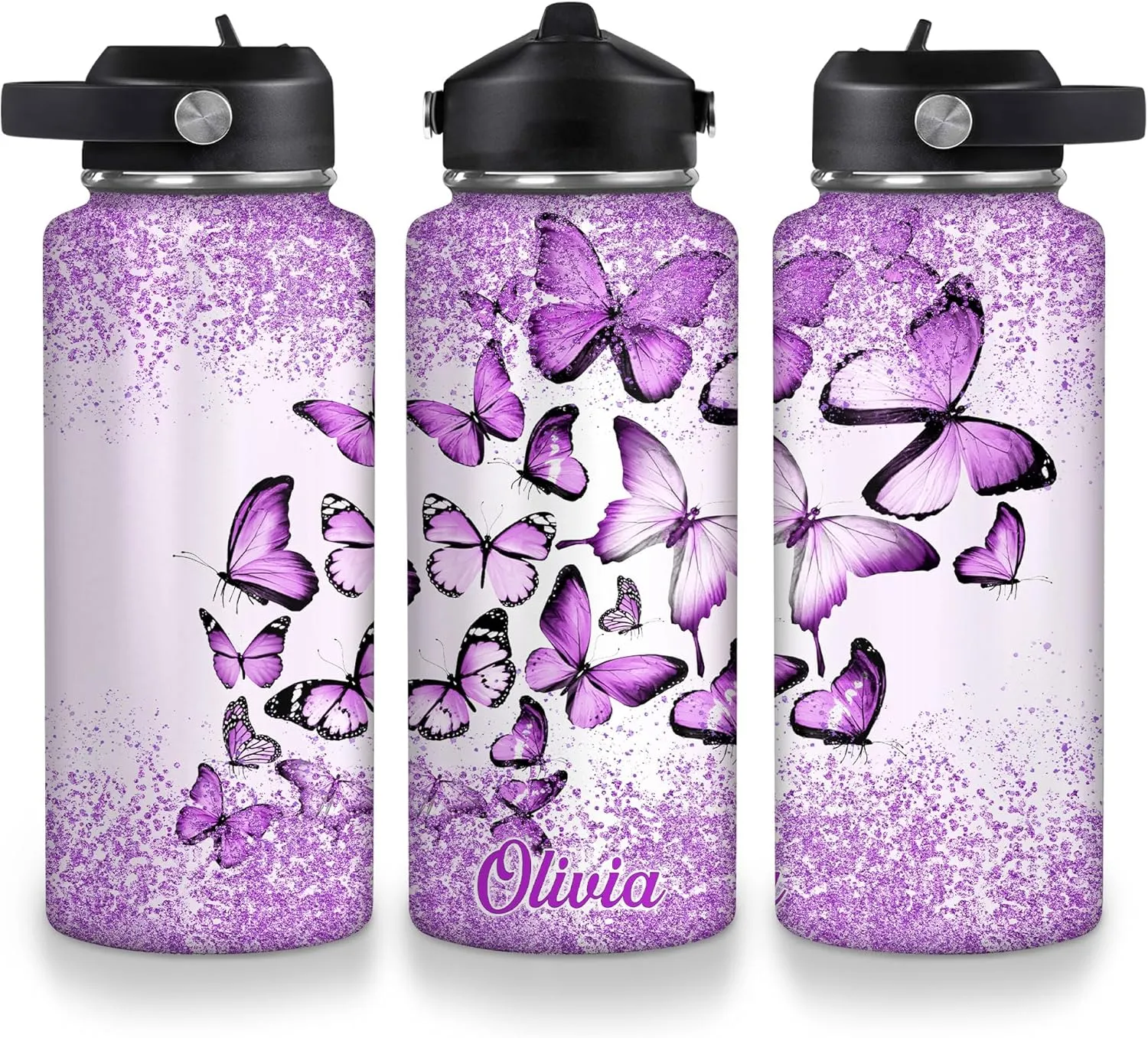 Hyturtle Personalized Butterfly Water Bottle - Custom Name Insulated Stainless Steel Bottle with Leak-Proof Lid 18oz 32oz - Animal Gift for Women Girls Butterfly Lovers - Birthday & Christmas Gift
