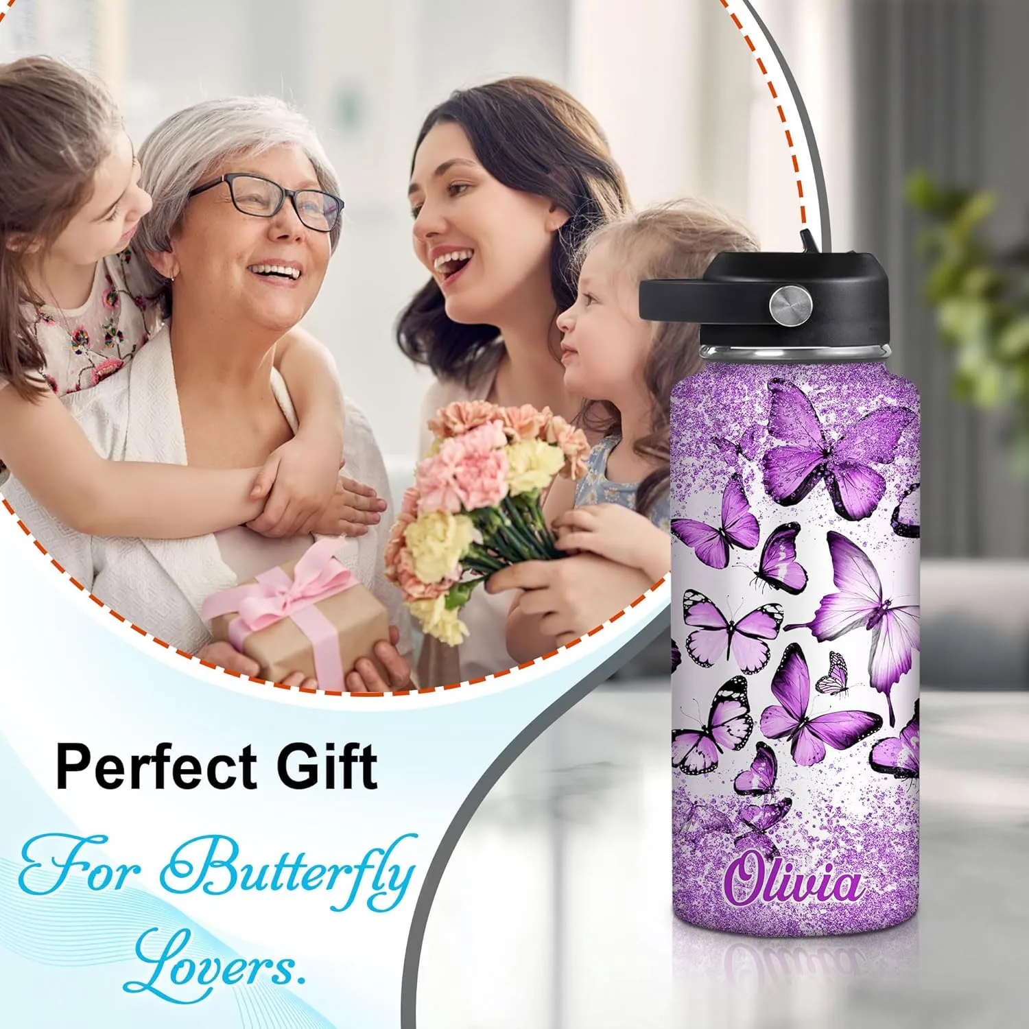 Hyturtle Personalized Butterfly Water Bottle - Custom Name Insulated Stainless Steel Bottle with Leak-Proof Lid 18oz 32oz - Animal Gift for Women Girls Butterfly Lovers - Birthday & Christmas Gift