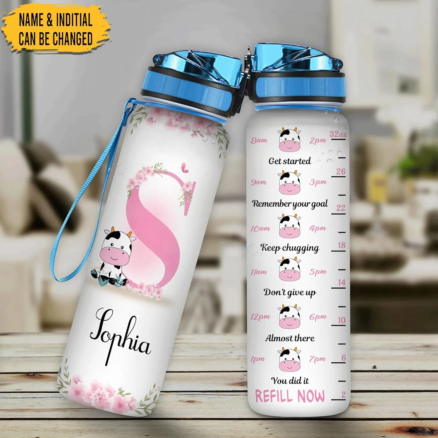 Hyturtle Personalized Cow Lovers 32 Oz 1Liter Motivational Water Bottle, Cows Customized Name Water Bottle With Time Marker, Animal Lovers Gifts For Women Girl On Birthday, Mother Day's