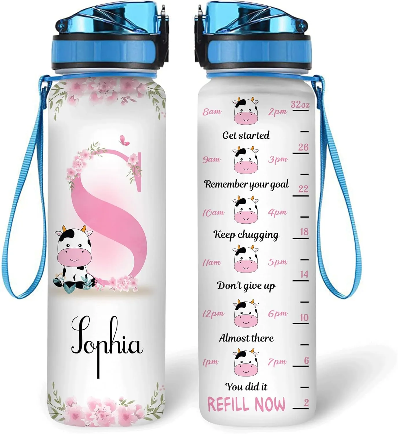 Hyturtle Personalized Cow Lovers 32 Oz 1Liter Motivational Water Bottle, Cows Customized Name Water Bottle With Time Marker, Animal Lovers Gifts For Women Girl On Birthday, Mother Day's