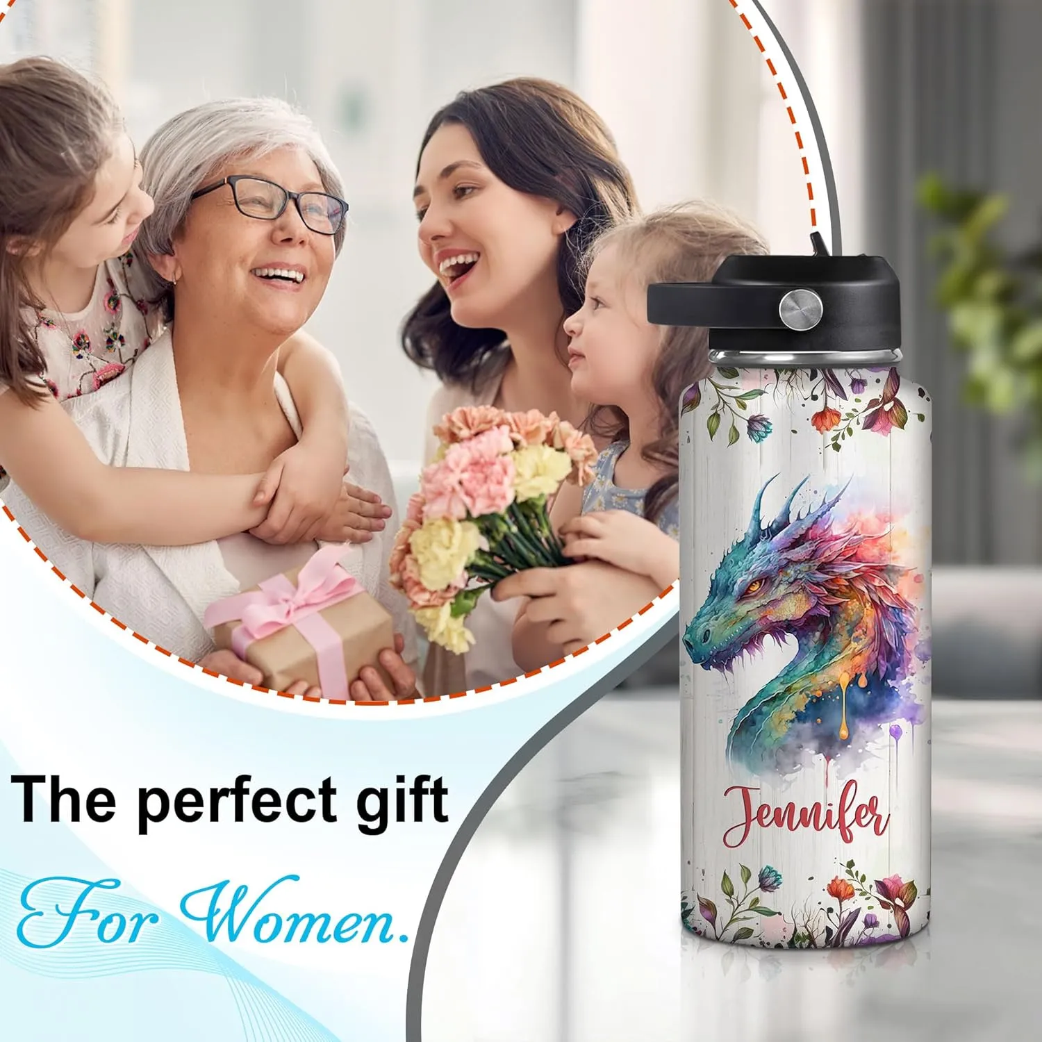 Hyturtle Personalized Dragon Water Bottle - Travel Insulated Stainless Steel Bottle with Leak-Proof Lid 18oz 32oz - Fantasy Gift for Women Girls Dragon Lovers - Birthday & Christmas Gift