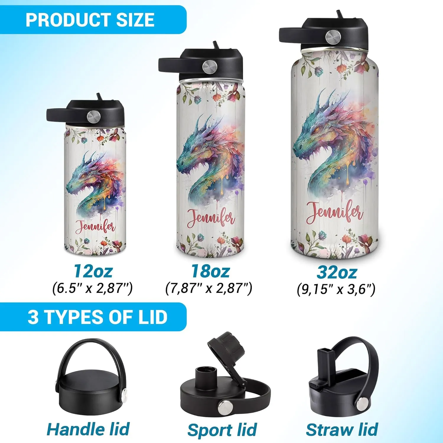 Hyturtle Personalized Dragon Water Bottle - Travel Insulated Stainless Steel Bottle with Leak-Proof Lid 18oz 32oz - Fantasy Gift for Women Girls Dragon Lovers - Birthday & Christmas Gift