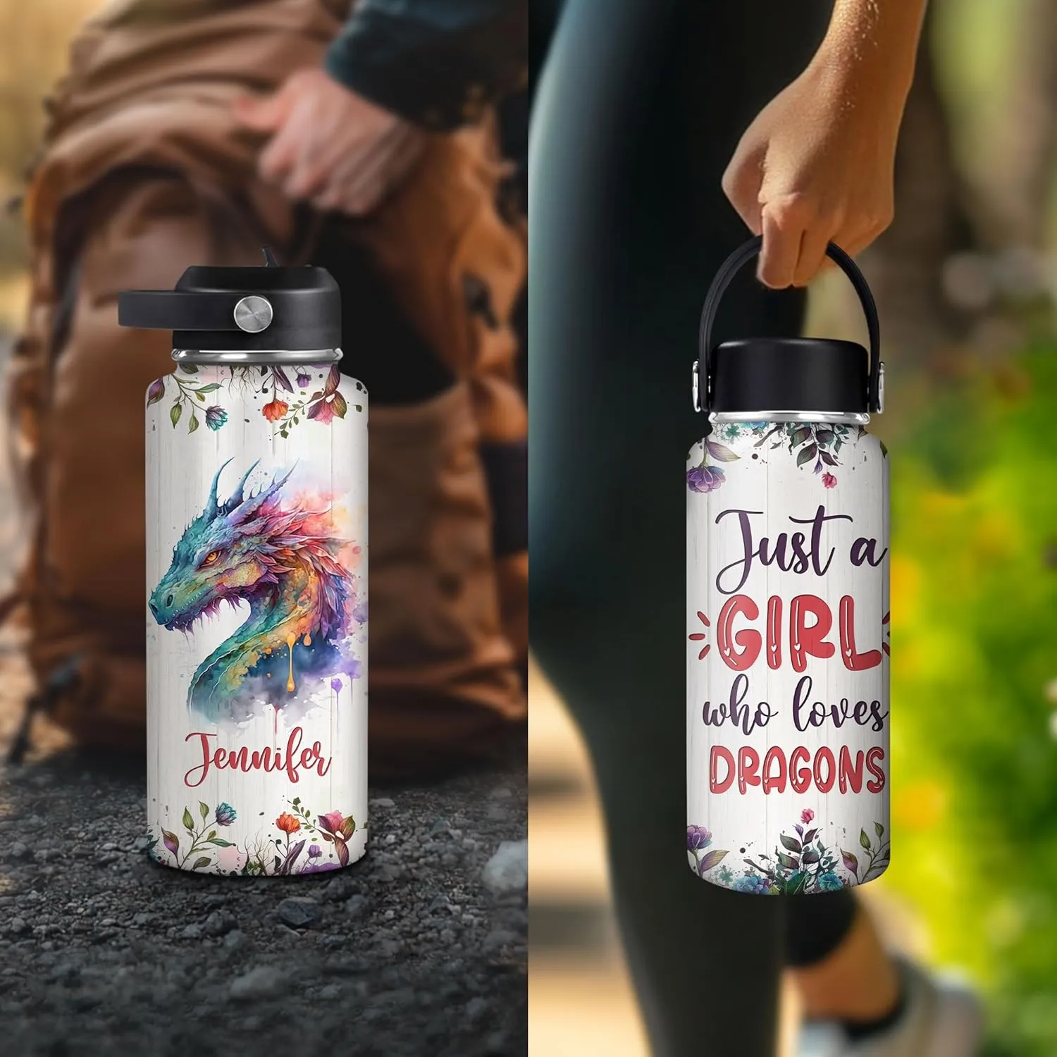 Hyturtle Personalized Dragon Water Bottle - Travel Insulated Stainless Steel Bottle with Leak-Proof Lid 18oz 32oz - Fantasy Gift for Women Girls Dragon Lovers - Birthday & Christmas Gift