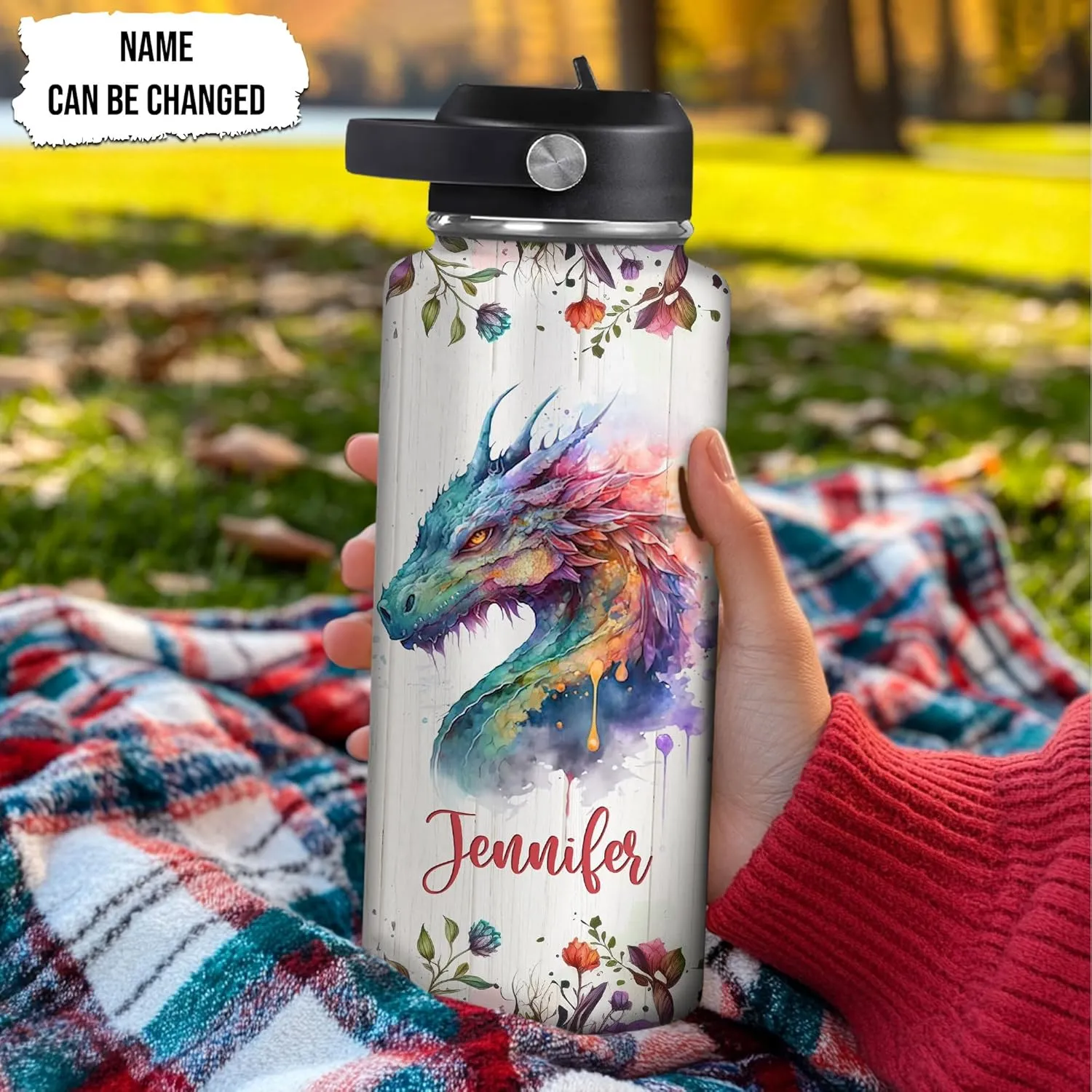 Hyturtle Personalized Dragon Water Bottle - Travel Insulated Stainless Steel Bottle with Leak-Proof Lid 18oz 32oz - Fantasy Gift for Women Girls Dragon Lovers - Birthday & Christmas Gift