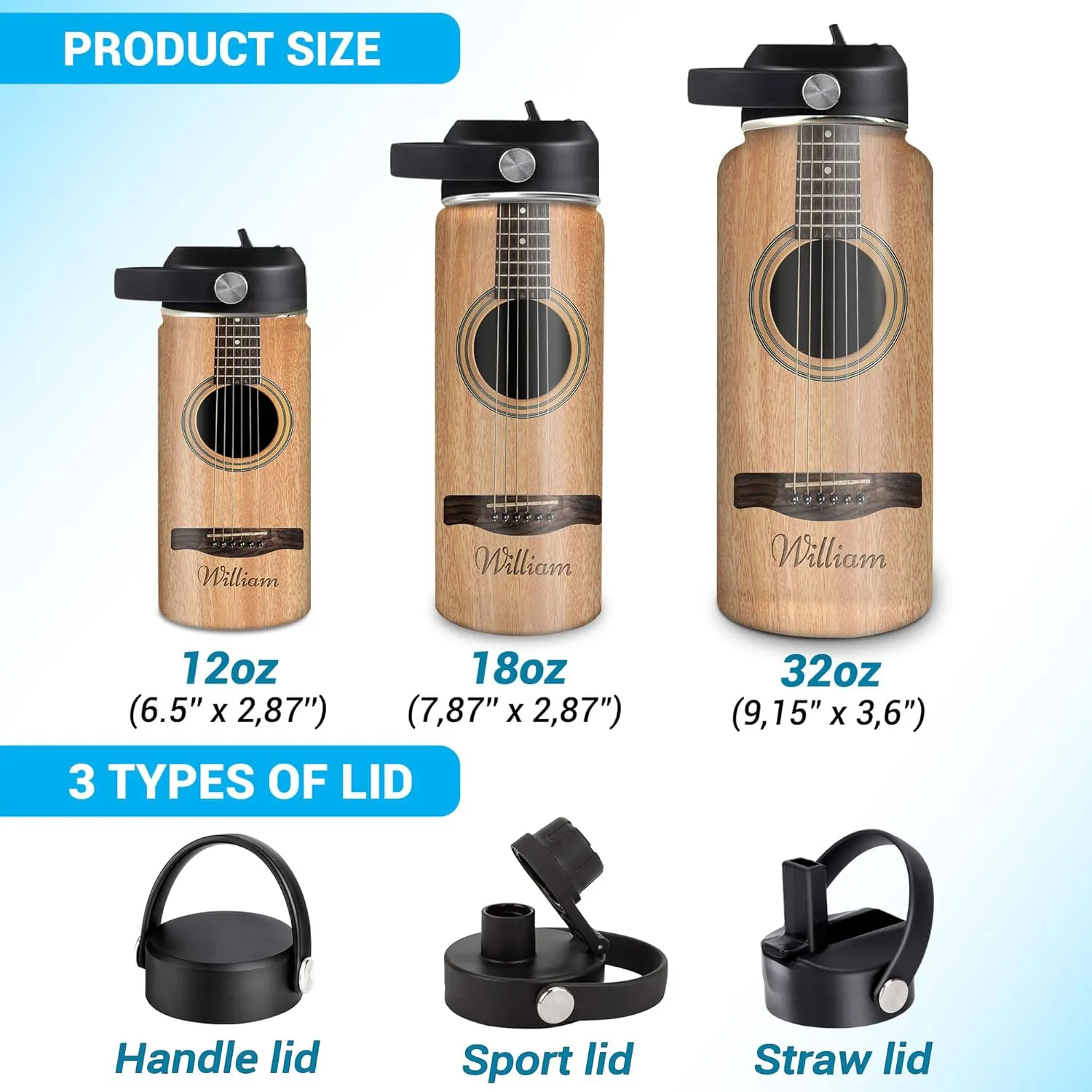 Hyturtle Personalized Guitar Water Bottle - Insulated Stainless Steel Bottle with Leak-Proof Lid 18oz 32oz - Guitarist Nutrition Facts Gift for Women Men Guitar Lovers - Music Lover Gift for Birthday