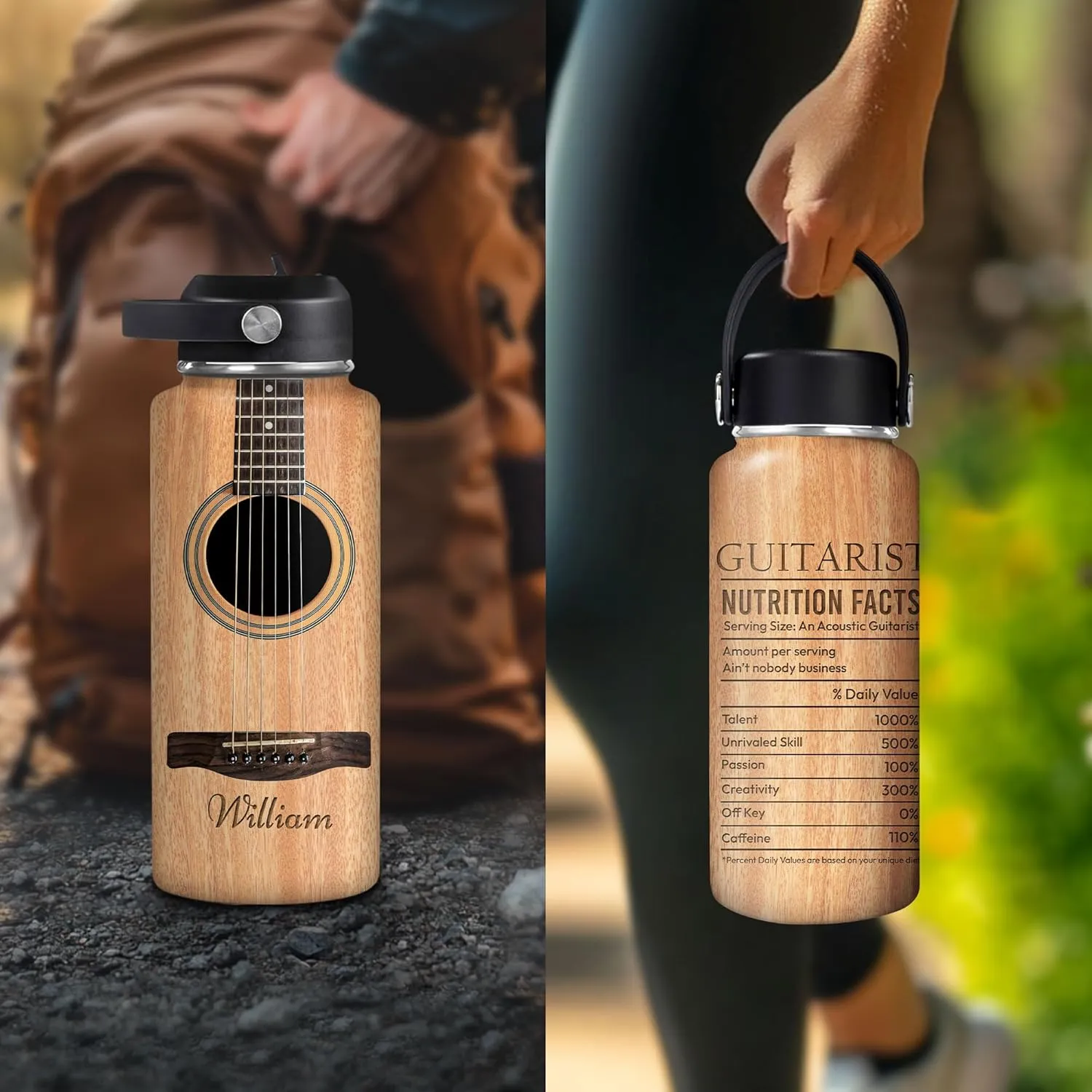 Hyturtle Personalized Guitar Water Bottle - Insulated Stainless Steel Bottle with Leak-Proof Lid 18oz 32oz - Guitarist Nutrition Facts Gift for Women Men Guitar Lovers - Music Lover Gift for Birthday