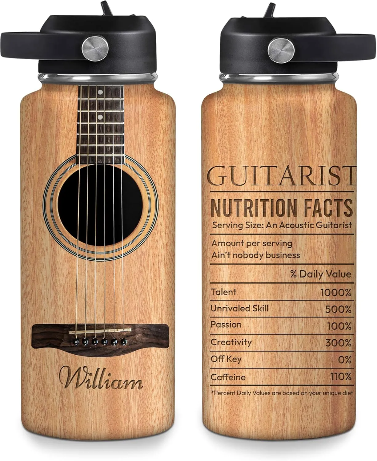Hyturtle Personalized Guitar Water Bottle - Insulated Stainless Steel Bottle with Leak-Proof Lid 18oz 32oz - Guitarist Nutrition Facts Gift for Women Men Guitar Lovers - Music Lover Gift for Birthday