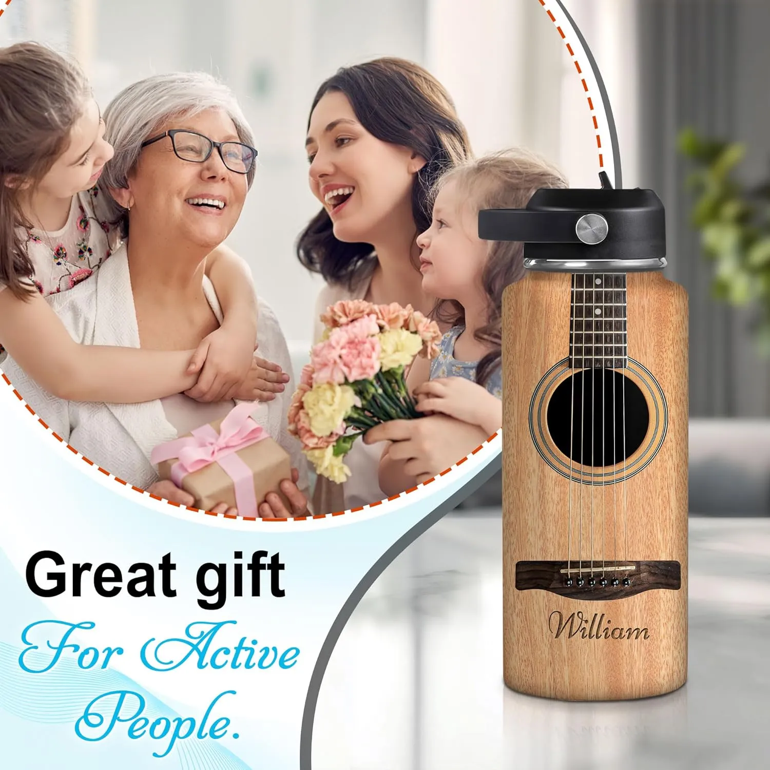 Hyturtle Personalized Guitar Water Bottle - Insulated Stainless Steel Bottle with Leak-Proof Lid 18oz 32oz - Guitarist Nutrition Facts Gift for Women Men Guitar Lovers - Music Lover Gift for Birthday