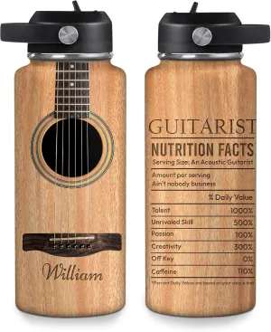 Hyturtle Personalized Guitar Water Bottle - Insulated Stainless Steel Bottle with Leak-Proof Lid 18oz 32oz - Guitarist Nutrition Facts Gift for Women Men Guitar Lovers - Music Lover Gift for Birthday