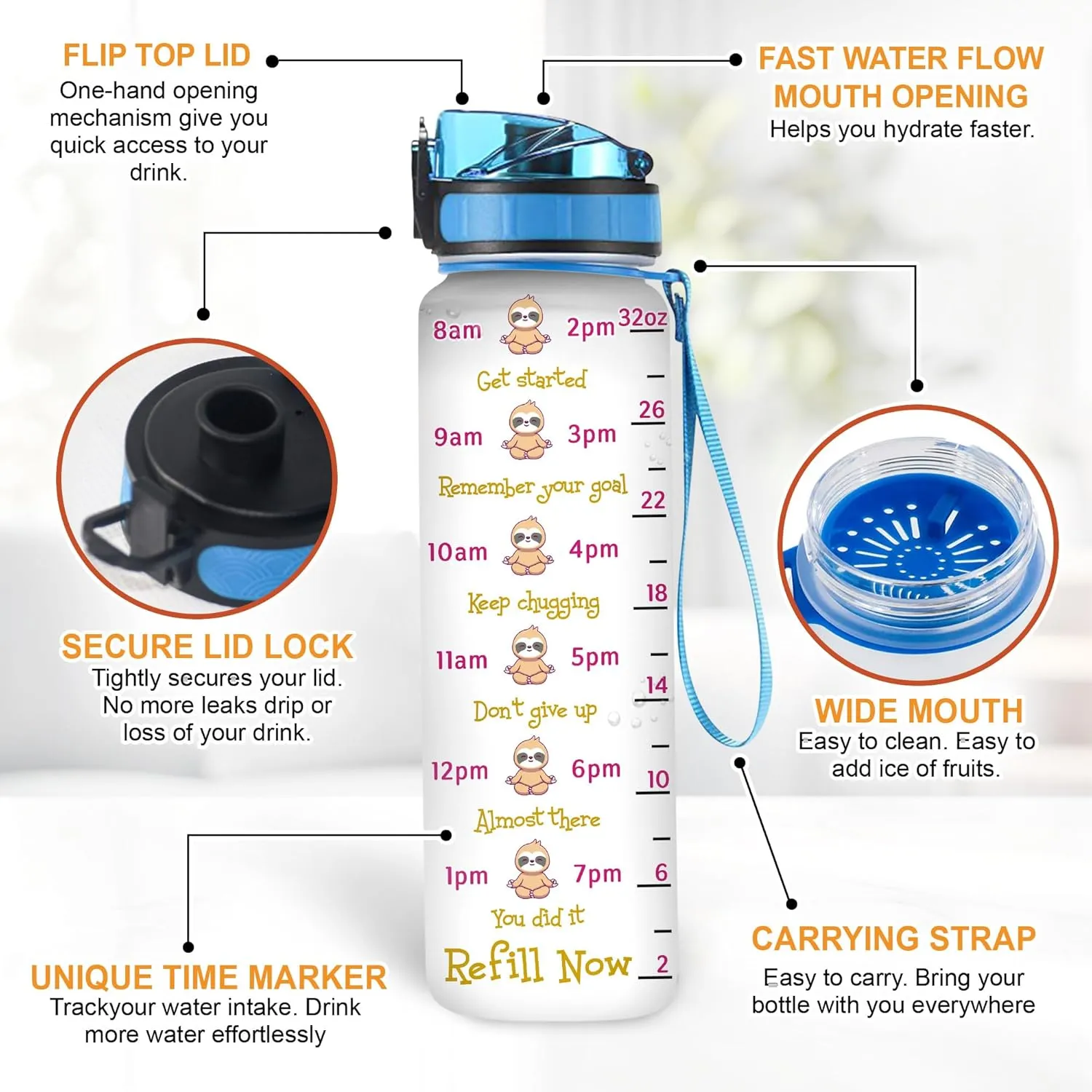 Hyturtle Personalized I Just Freaking Love Sloths 32oz Liter Motivational Water Bottle, Customized Name Tracking Water Bottle Gifts For Women, Men, Friend, Teen, Sloth Lover On Birthday, Mother's Day