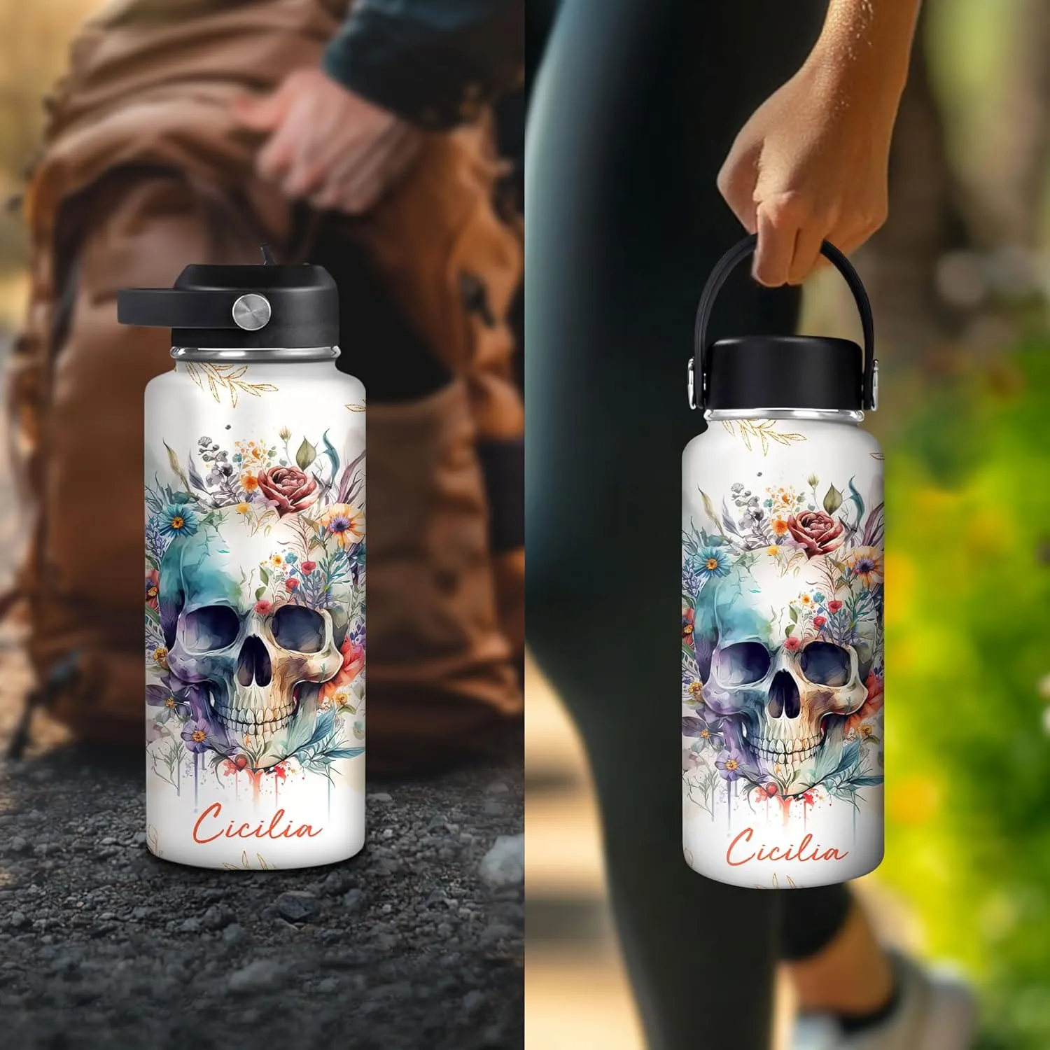 Hyturtle Personalized Skull Water Bottle - Travel Insulated Stainless Steel Bottle with Leak-Proof Lid 18oz 32oz - Skull Gift for Women Girls Skull Lovers with Floral Design - Birthday, Christmas Gift