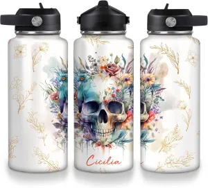 Hyturtle Personalized Skull Water Bottle - Travel Insulated Stainless Steel Bottle with Leak-Proof Lid 18oz 32oz - Skull Gift for Women Girls Skull Lovers with Floral Design - Birthday, Christmas Gift