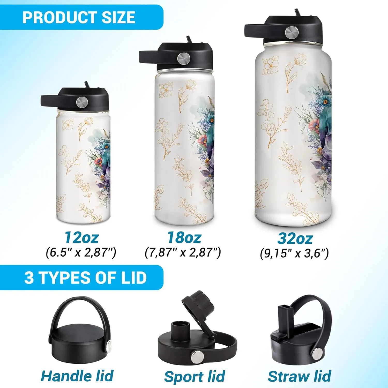 Hyturtle Personalized Skull Water Bottle - Travel Insulated Stainless Steel Bottle with Leak-Proof Lid 18oz 32oz - Skull Gift for Women Girls Skull Lovers with Floral Design - Birthday, Christmas Gift