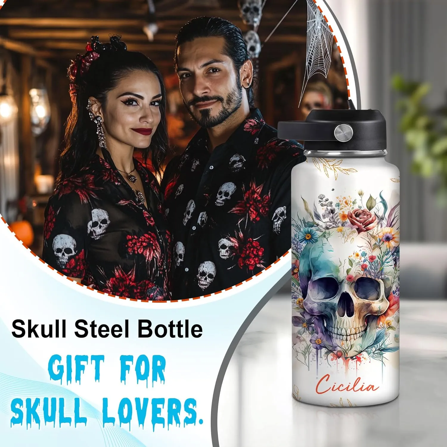 Hyturtle Personalized Skull Water Bottle - Travel Insulated Stainless Steel Bottle with Leak-Proof Lid 18oz 32oz - Skull Gift for Women Girls Skull Lovers with Floral Design - Birthday, Christmas Gift