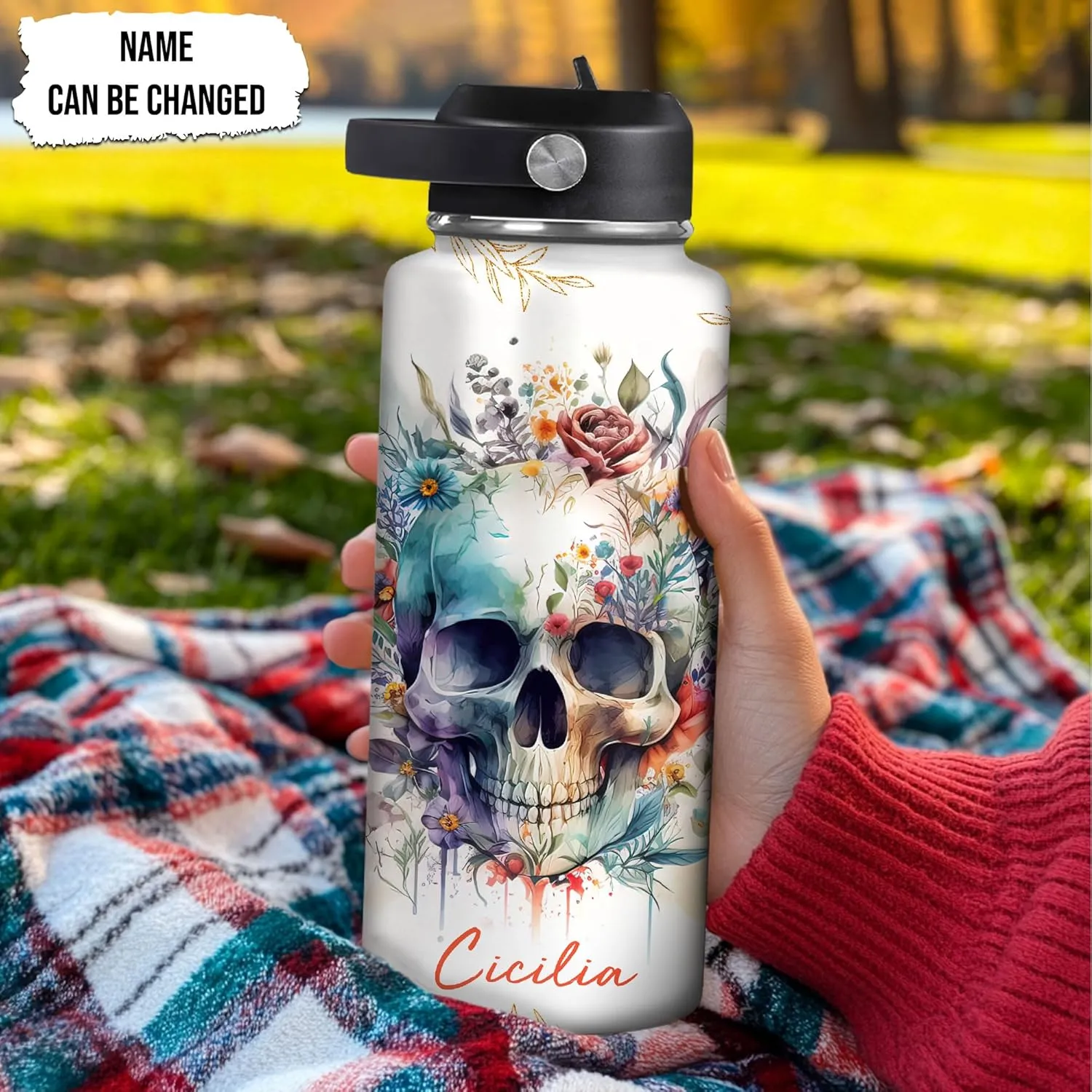 Hyturtle Personalized Skull Water Bottle - Travel Insulated Stainless Steel Bottle with Leak-Proof Lid 18oz 32oz - Skull Gift for Women Girls Skull Lovers with Floral Design - Birthday, Christmas Gift