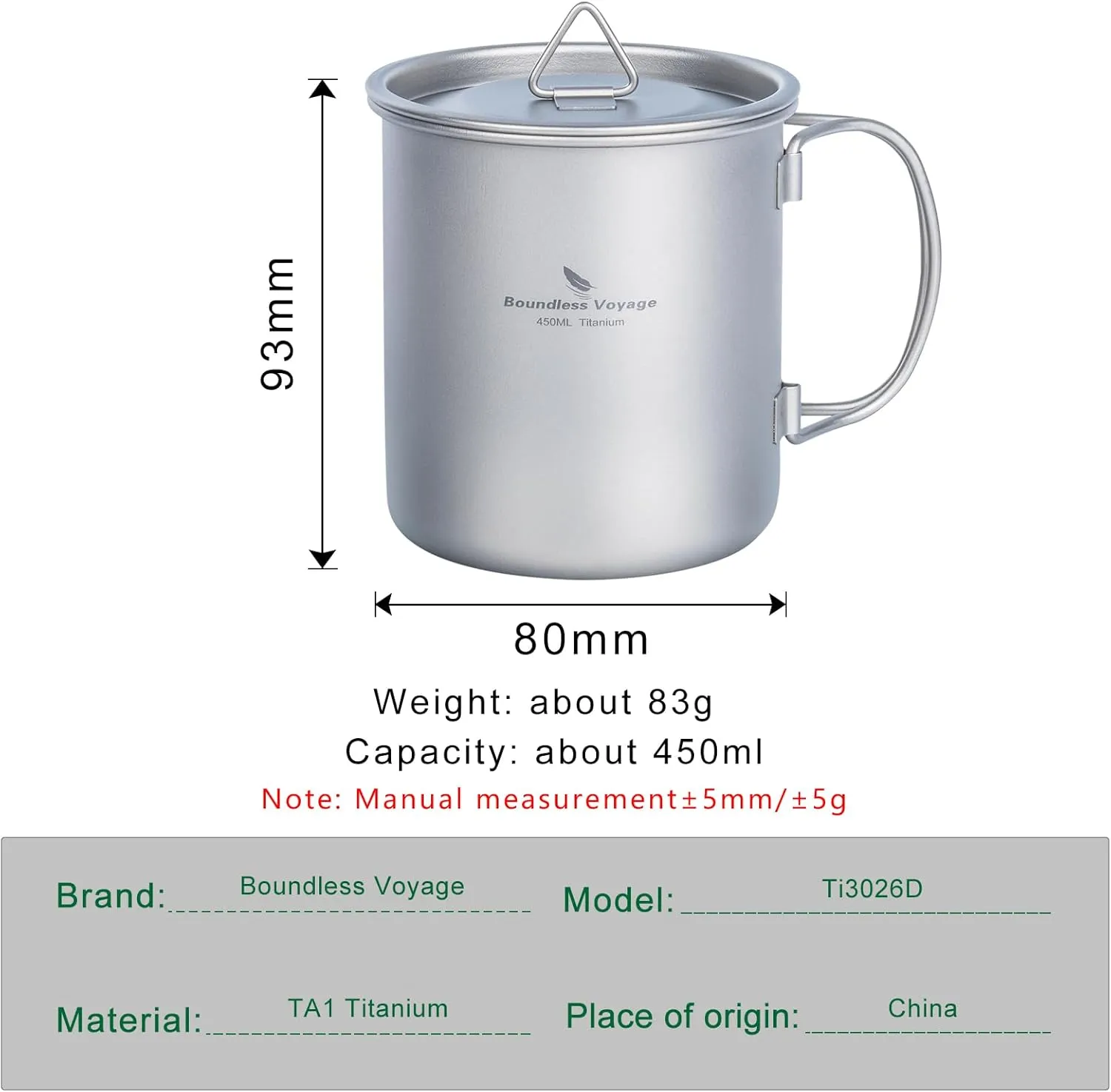 iBasingo 450ml Titanium Mug with Lid Tea Coffee Water Cup Outdoor Camping Pot Ultra-light Portable Hiking Backpacking Cooking Kit Picnic Tableware Drinkware with Foldable Handle Ti3026D