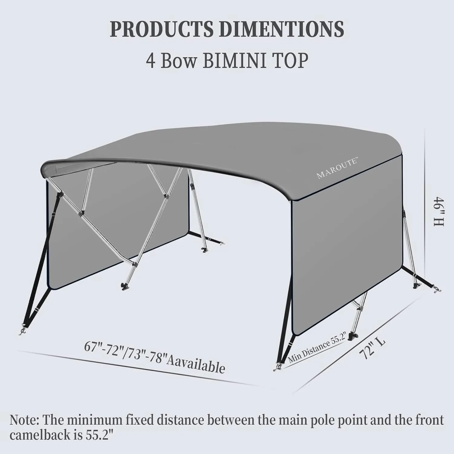 IDEALHOUSE 4 Bow Bimini Tops for Boat Cover with 1” Aluminum Alloy Frame, Include 2 Straps, 2 Adjustable Rear Support Pole, Zippered Storage Boot, PU Coating Canvas（8'L x 54" H x 73"-78" W ，Gray ）