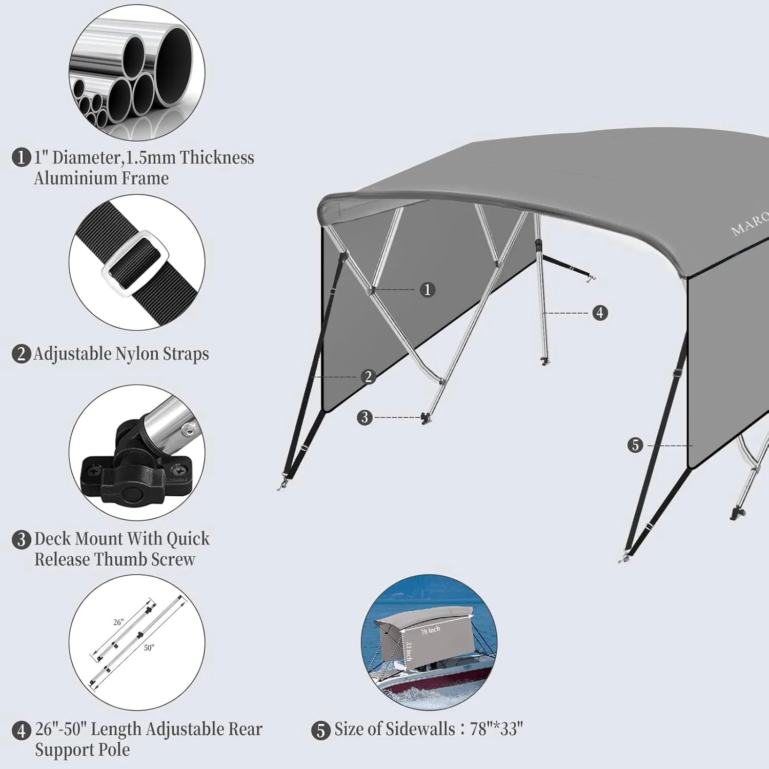 IDEALHOUSE 4 Bow Bimini Tops for Boat Cover with 1” Aluminum Alloy Frame, Include 2 Straps, 2 Adjustable Rear Support Pole, Zippered Storage Boot, PU Coating Canvas（8'L x 54" H x 73"-78" W ，Gray ）