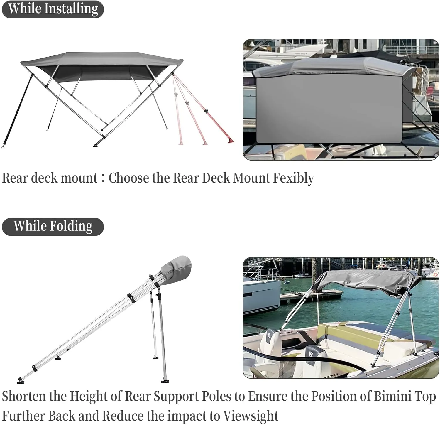 IDEALHOUSE 4 Bow Bimini Tops for Boat Cover with 1” Aluminum Alloy Frame, Include 2 Straps, 2 Adjustable Rear Support Pole, Zippered Storage Boot, PU Coating Canvas（8'L x 54" H x 73"-78" W ，Gray ）