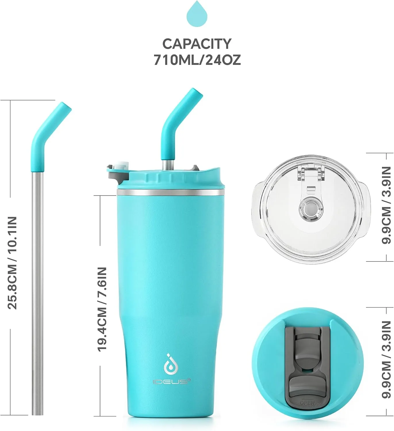 Ideus 24oz Insulated Travel Coffee Tumbler, Coffee Cups with Lids and Straw, Stainless Steel Coffee Mug, Double Wall Vacuum Flask for Adult Men and Women, Sky Blue