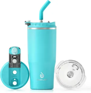 Ideus 24oz Insulated Travel Coffee Tumbler, Coffee Cups with Lids and Straw, Stainless Steel Coffee Mug, Double Wall Vacuum Flask for Adult Men and Women, Sky Blue
