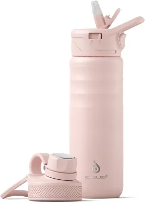 IDEUS Insulated Stainless Steel Water Bottle with 2 Leak-Proof Lids, Thermal Water Flask for Hiking Biking, 24oz, Light Pink