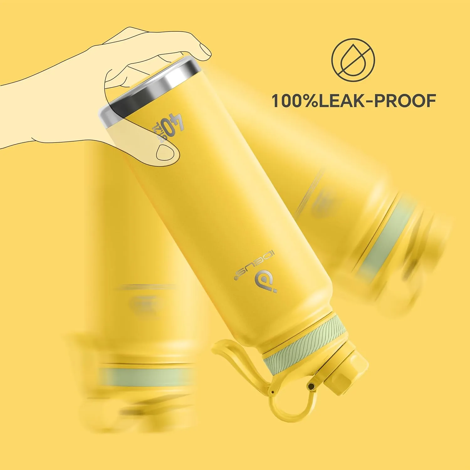 IDEUS Insulated Stainless Steel Water Bottle with 2 Leak-Proof Lids, Thermal Water Flask for Hiking Biking, 40oz, Bright Yellow
