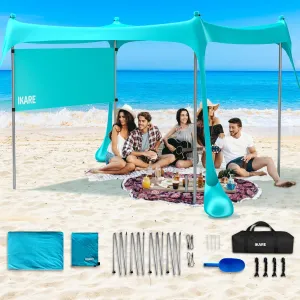 IKARE Beach Canopy Tent with Side Wall Shade, 10x10 FT Beach Shade Canopy with 4 Foldable Poles, UPF50  Protection Sun Shelter with Sandbag, Portable Carry Bag, Sand Shove and Ground Pegs