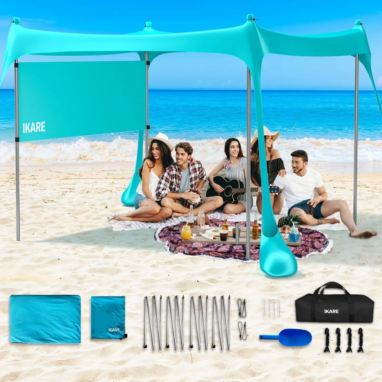 IKARE Beach Canopy Tent with Side Wall Shade, 10x10 FT Beach Shade Canopy with 4 Foldable Poles, UPF50  Protection Sun Shelter with Sandbag, Portable Carry Bag, Sand Shove and Ground Pegs