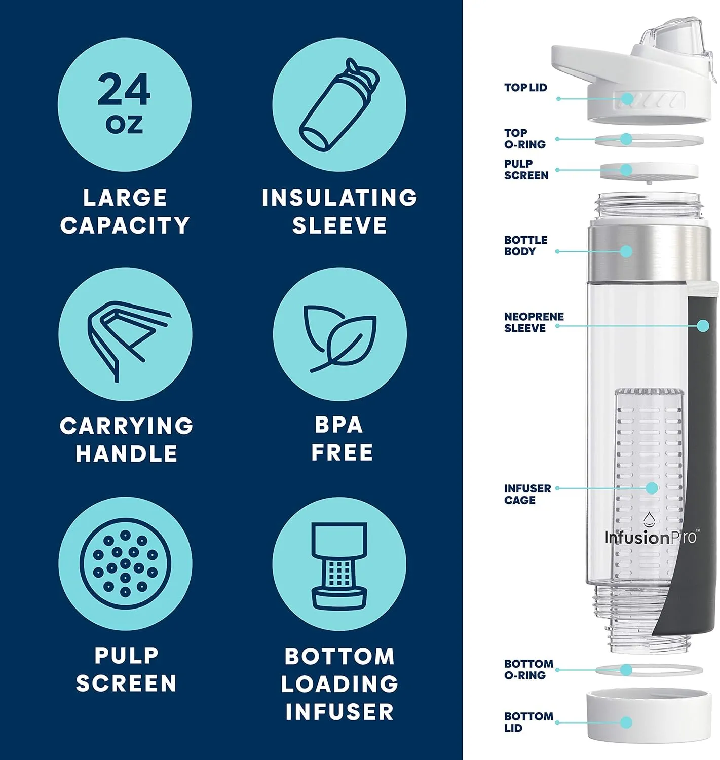 Infusion Pro 24 oz Fruit Infuser Water Bottle, 2 Pack, Flip Top Lid, Insulated Sleeve & Fruit Infused Water eBook : Bottom Loading Infuser