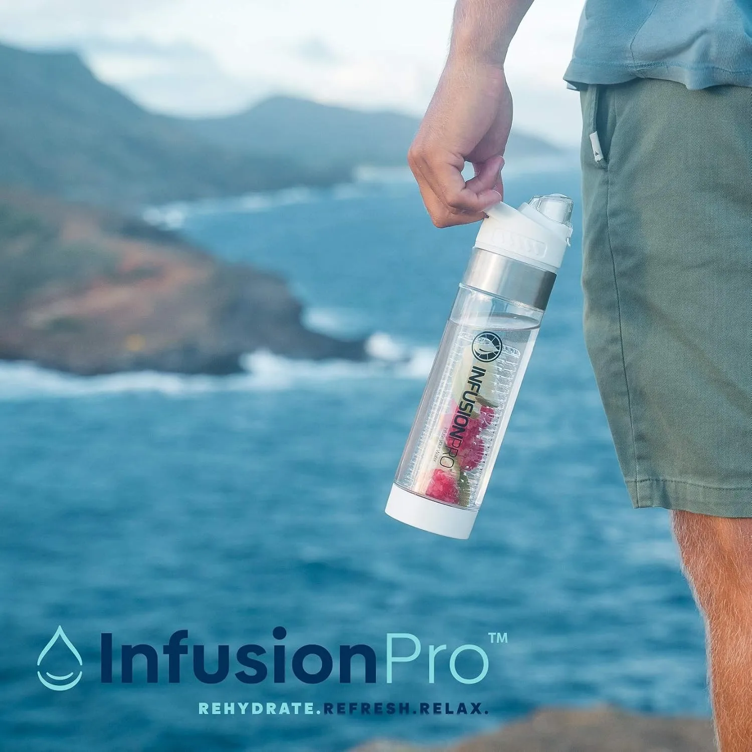 Infusion Pro 24 oz Fruit Infuser Water Bottle, 2 Pack, Flip Top Lid, Insulated Sleeve & Fruit Infused Water eBook : Bottom Loading Infuser