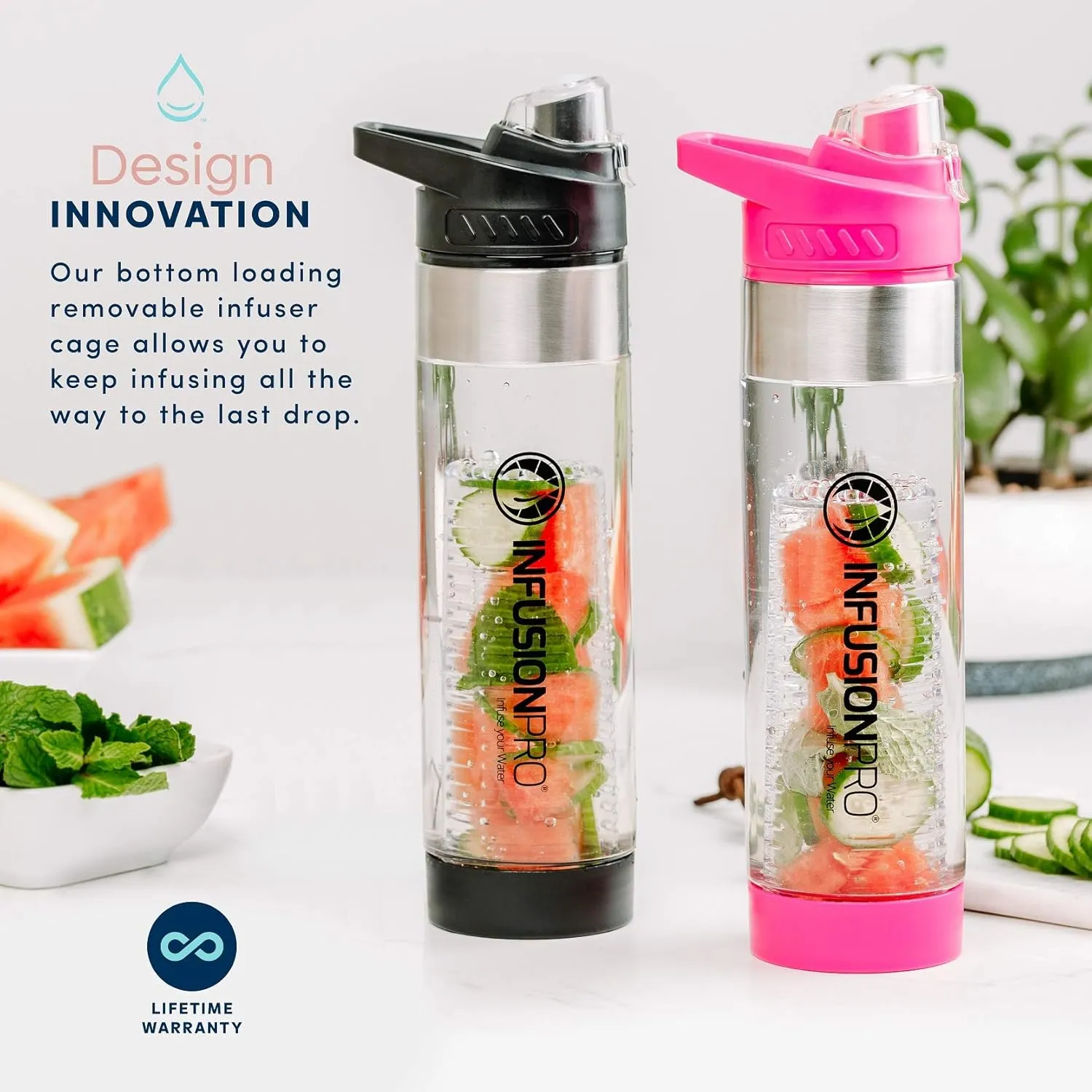 Infusion Pro 24 oz Fruit Infuser Water Bottle, 2 Pack, Flip Top Lid, Recipe eBook, Insulated Sleeve, Unique Gift Idea