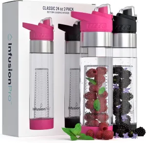 Infusion Pro 24 oz Fruit Infuser Water Bottle, 2 Pack, Flip Top Lid, Recipe eBook, Insulated Sleeve, Unique Gift Idea