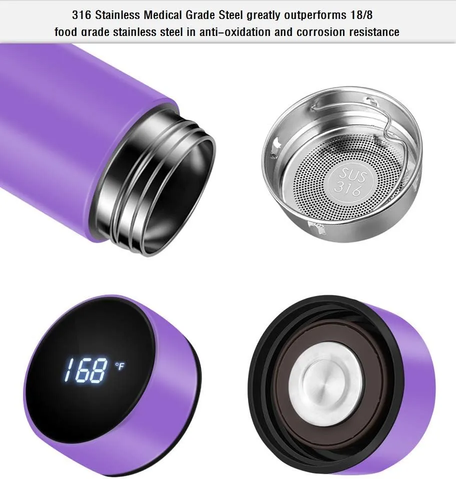 Insulated bottle,Coffee bottle,Tea Infuser Bottle,Smart Sports Water Bottle with LED Temperature Display,Double Wall Vacuum Insulated Water Bottle, Stay Hot for 24 Hrs,Cold for 24 Hrs (Purple)