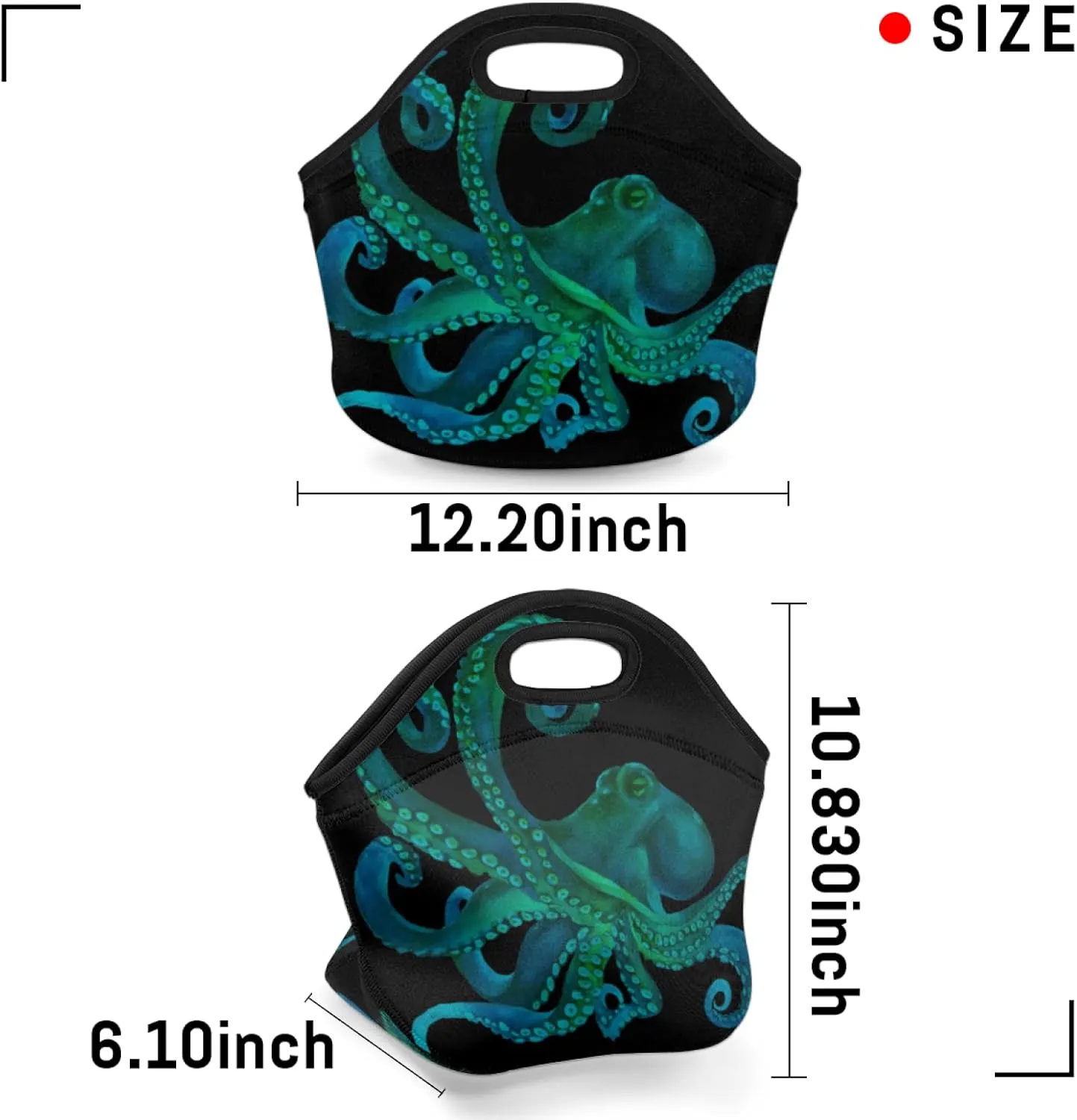 Insulated Neoprene Lunch Bag for Women Men Kids Watercolor Green Sea Octopus Lunch Box Reusable Small Lunch Tote Bag Cooler Bag for School Work Picnic