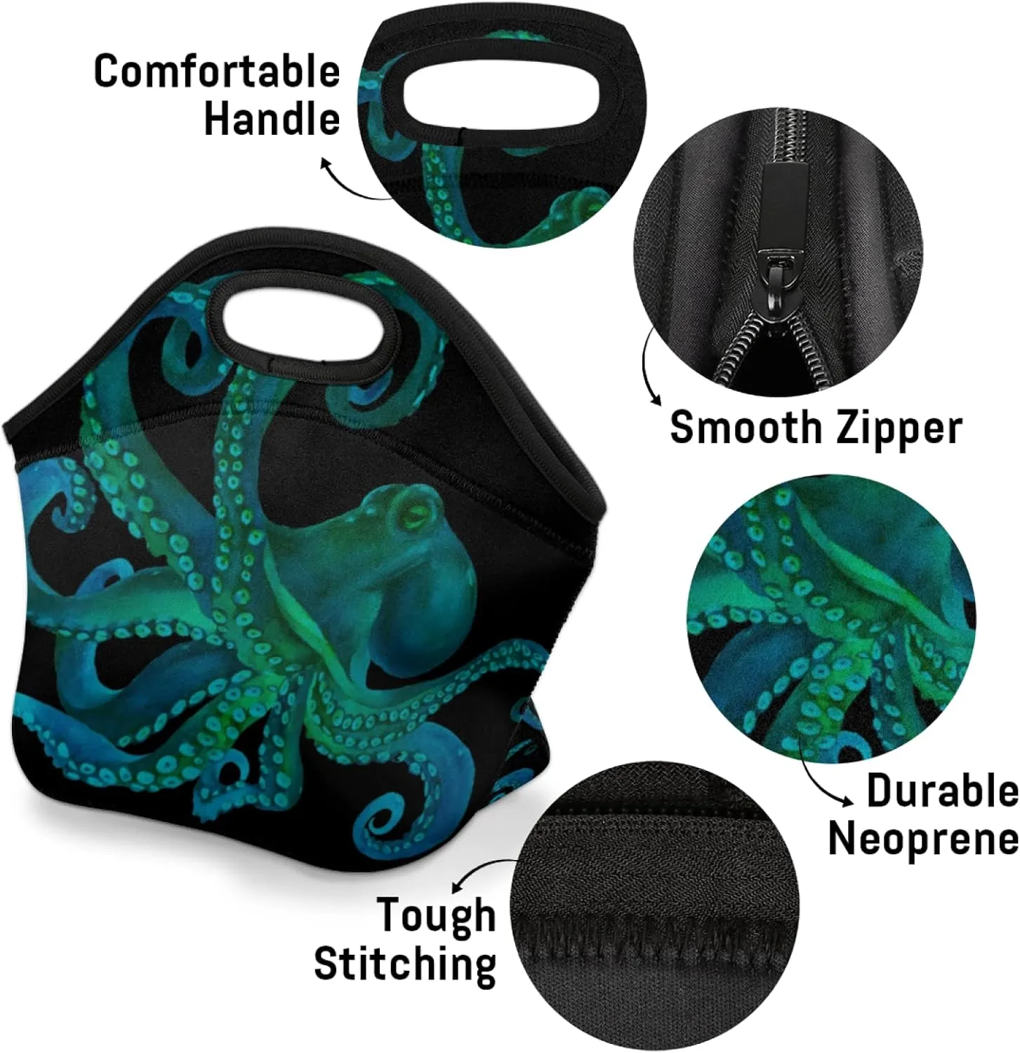 Insulated Neoprene Lunch Bag for Women Men Kids Watercolor Green Sea Octopus Lunch Box Reusable Small Lunch Tote Bag Cooler Bag for School Work Picnic