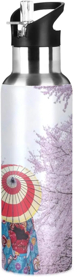 Insulated Stainless Steel Water Bottle - Asian Kimono Cherry Blossom - 22 oz Water Bottles Keeps Hot and Cold - Sports Water Bottle Great for Hiking & Biking