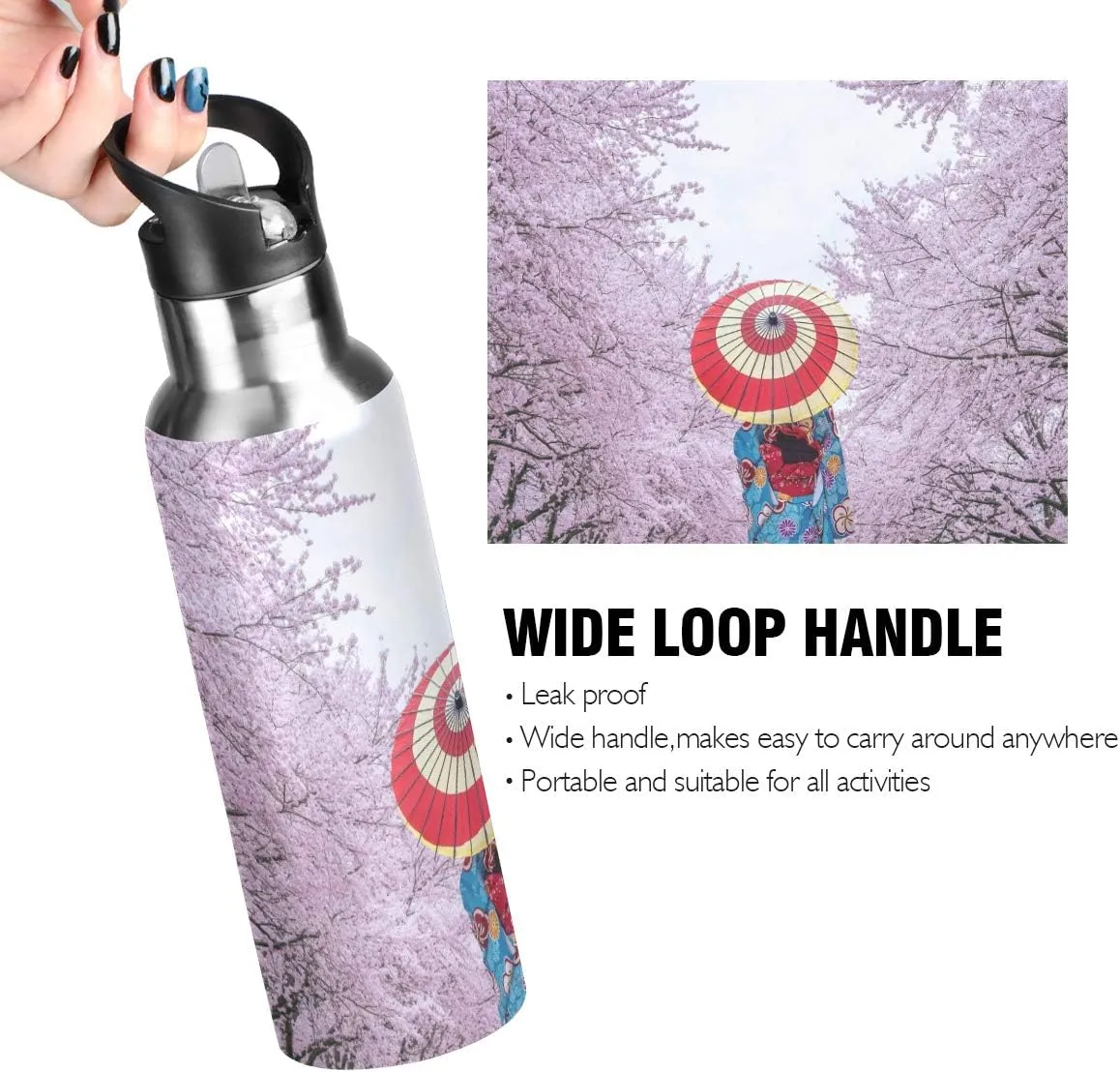 Insulated Stainless Steel Water Bottle - Asian Kimono Cherry Blossom - 22 oz Water Bottles Keeps Hot and Cold - Sports Water Bottle Great for Hiking & Biking