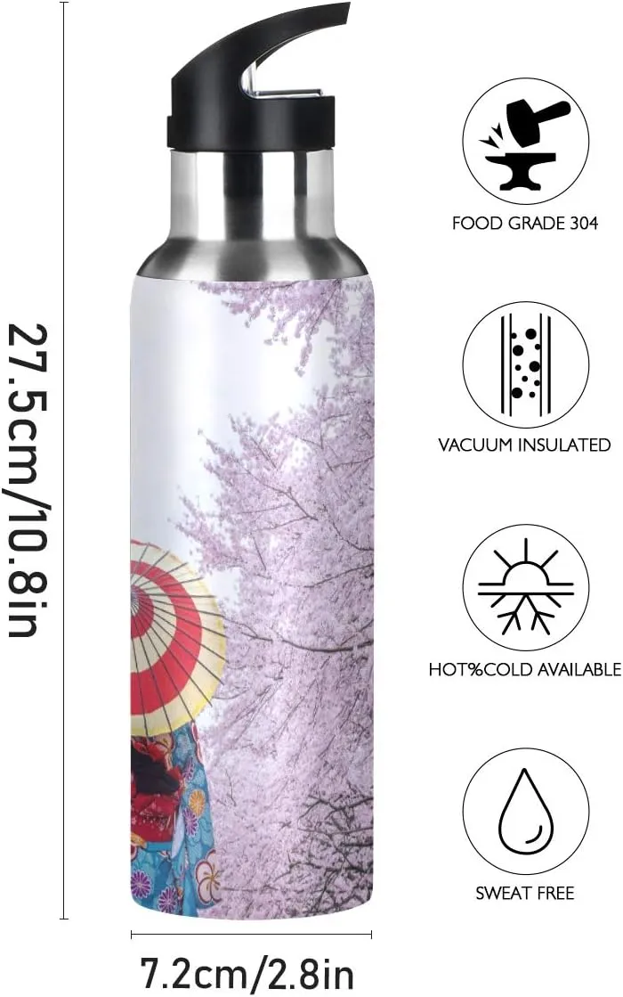 Insulated Stainless Steel Water Bottle - Asian Kimono Cherry Blossom - 22 oz Water Bottles Keeps Hot and Cold - Sports Water Bottle Great for Hiking & Biking