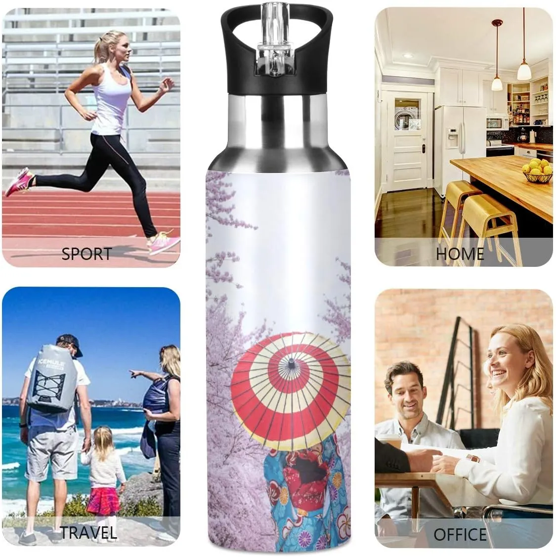 Insulated Stainless Steel Water Bottle - Asian Kimono Cherry Blossom - 22 oz Water Bottles Keeps Hot and Cold - Sports Water Bottle Great for Hiking & Biking