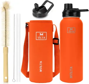 Insulated Stainless Steel Water Bottle-Double Walled Vacuum Reusable Sports Water Bottle With Free Bottle Accessories - Ice: Up to 24 Hrs. Hot: Up to 12 Hrs. 40oz Fire Orange