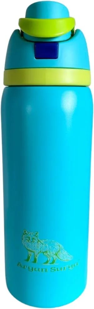 Insulated Stainless Steel Water Bottle with push-button lid with lock and Straw for Sports and Travel, BPA-Free Sports Water Bottle, 32 oz (Light Blue)